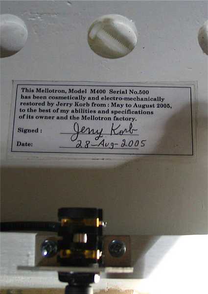 Jerry Korb's restoration plate for Mellotron M400 #500